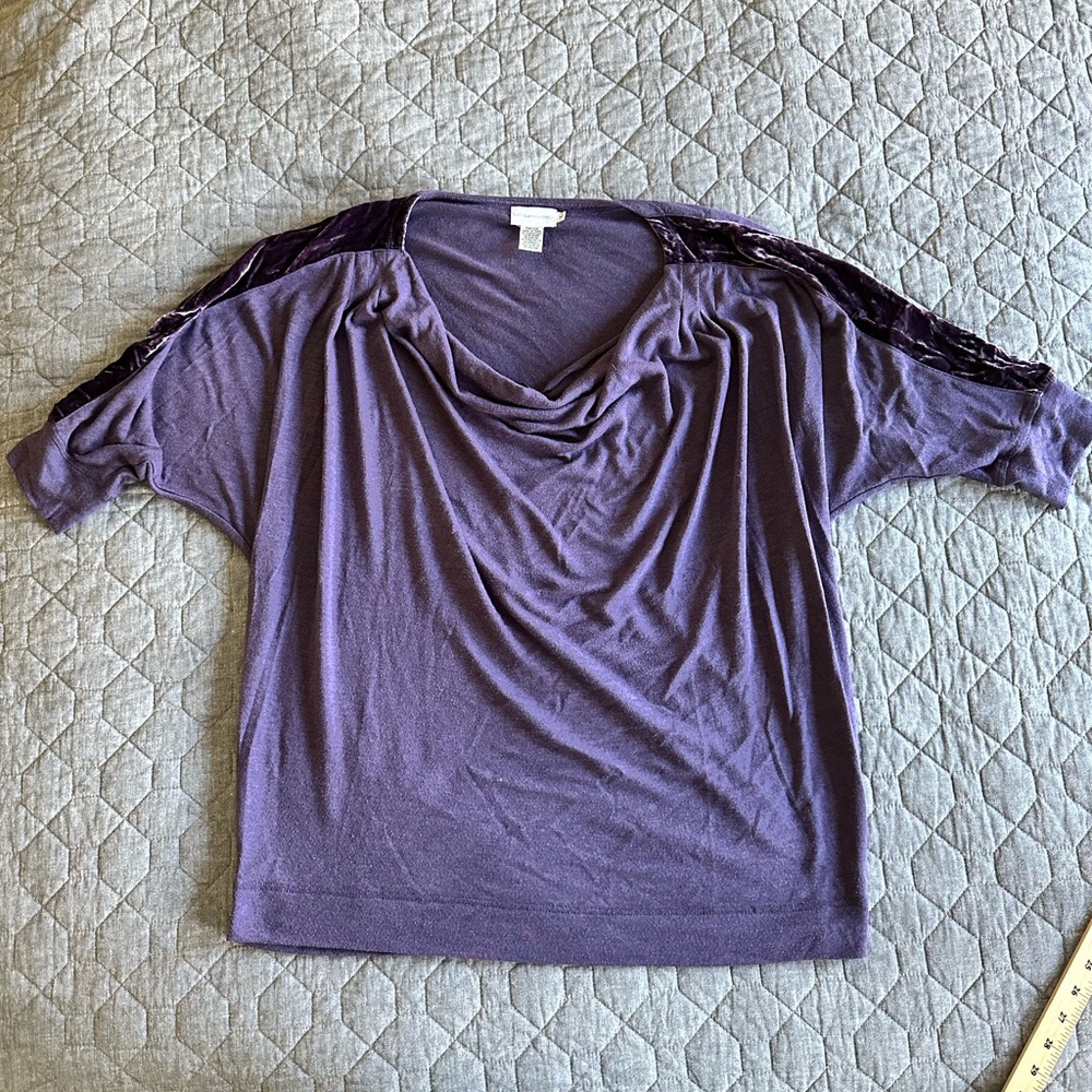Soft Surroundings purple drape neck, three quarter sleeve sweatshirt with velvet